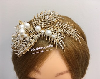 SALE - Hair accessories, wedding headpiece, bridal headband, pearls crown, floral wedding, gold headband, bridal head piece, crystal wedding
