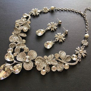 SALE - Silver wedding necklace, floral necklace, crystal bridal necklace, wedding jewelry, bridal jewelry, boho necklace, statement jewelry