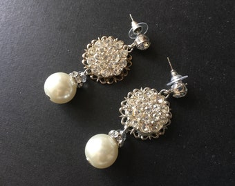 Wedding bridal earrings, long drop earrings, pearl earrings, statement earrings, pearl drop earrings, crystal bridal jewelry