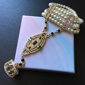 SALE - Vintage wedding, bridal bracelet, emerald bracelet, bridal ring cuff bracelet, wedding bracelet, pearl bracelet, crystal bracelet