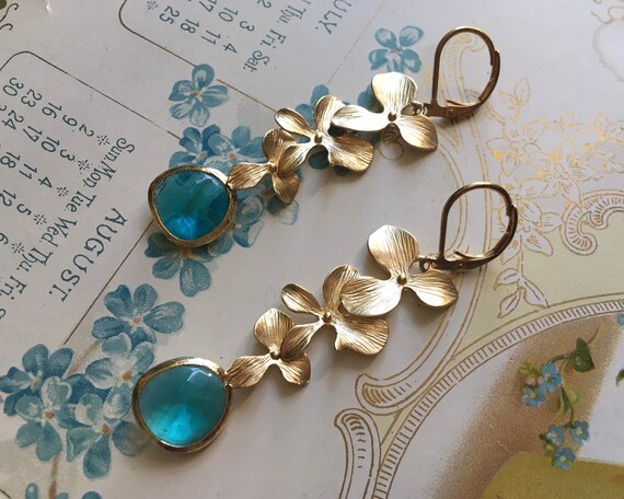 SALE Gold Earrings Antique Earrings Vintage Earrings Long Drop Earrings Romantic Jewelry Leaf Earrings Gemstone Earrings Birthstone Etsy