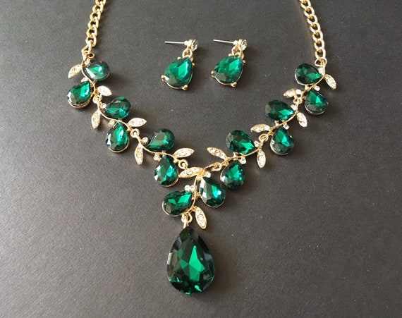 Parure Ancienne Vintage Rare - Collier & Boucles D'oreilles Cristaux émeraude & Jaune