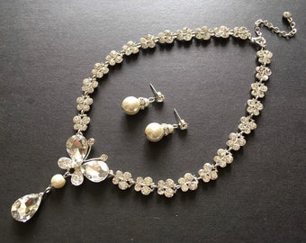 OFERTA - Collar de mariposa, conjunto de joyas para bodas, conjunto nupcial, joyas para graduaciones, regalo de cumpleaños para ella, collar llamativo, conjunto de joyas de plata