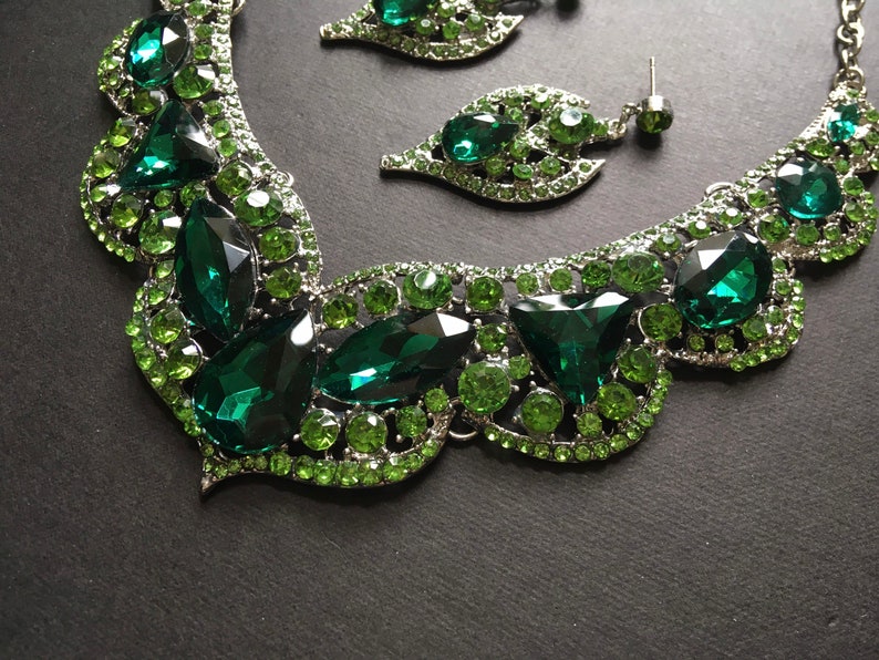 Victorian emerald crystal necklace, wedding necklace, wedding jewelry, bridal necklace, rhinestone necklace, wedding set, bridal jewelry set image 8