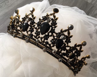 Romantic antiqued wedding headpiece, black rhinestone crown, bridal headpiece, crystals full crown, rhinestone headband, spike crown