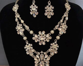 Crystal Jewelry Set, Pearl Necklace and Earrings, Bridal Necklace, Prom Jewelry, Layering Necklace, Wedding Set, Party Jewellery
