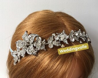SALE - Flower headband, bridal wedding, rhinestone crystal hair ribbon, rhinestone crystal headband, bridal headband, wedding headpiece