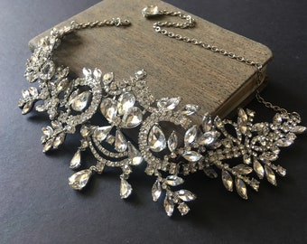 Silver Rhinestone Teardrop Bridal Choker, Art Deco Wedding Necklace, Girly Princess Jewelry, Anniversary Gift, Vintage Wedding Jewelry