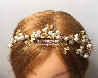 SALE - Romantic gold leaf tiara, pearls tiara, wedding bridal jewelry, wedding headband, crystal tiara, flower tiara, wedding hair vine