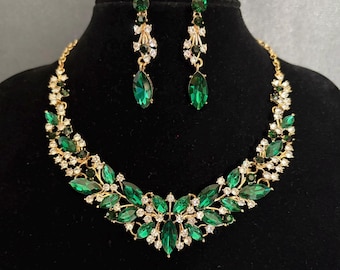 Birthstone Jewellery, luxury jewellery green, Gold Emerald Necklace, Rhinestone Necklace Earring, Bridal Jewelry, Mother of Bride Jewelry