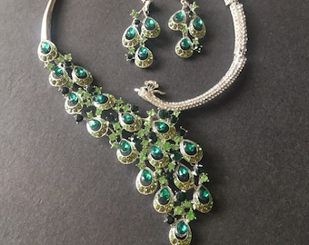 Emerald green necklace set, emerald prom necklace, peacock jewelry, wedding necklace, green wedding jewelry, emerald green crystal necklace