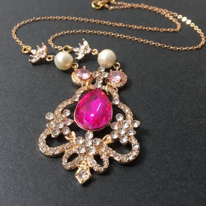 Pink crystal necklace, Victorian necklace, bridal crystal necklace, wedding necklace, pink wedding, bridal jewelry, gold jewellery, Art Deco