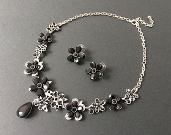 Set di collana e orecchini neri per matrimonio, gioielli per abito nero, collana per la mamma, regalo di anniversario, regalo di compleanno per lei, collana con pietra portafortuna
