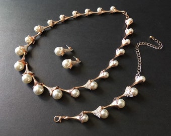 SALE - Rose gold necklace, wedding set, jewelry set, rhinestone crystal necklace, wedding necklace, bridal bracelet earring, wedding jewelry