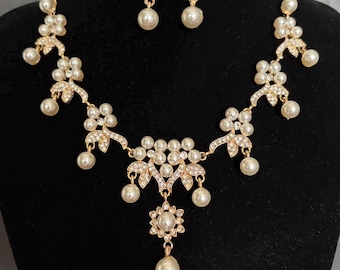Romantische Halskette, Goldhochzeits-Halsketten-Set, Kristall-Brautkette, Hochzeits-Set, Statement-Halskette, Perlenkette, Abschlussball-Schmuck