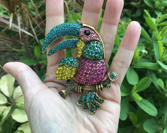 May include: A toucan brooch with a gold-tone finish and colorful rhinestones. The toucan's beak is blue, its body is pink and yellow, and its tail feathers are green.