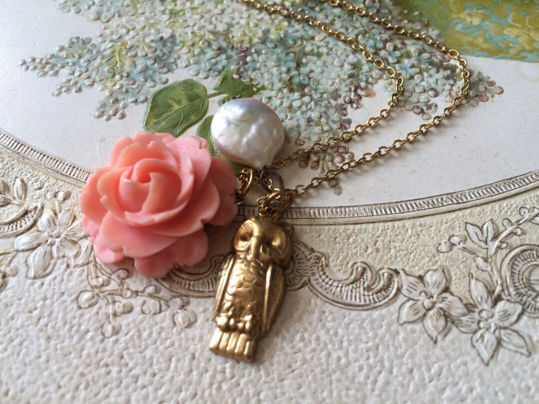 SALE Gold Flower Necklace, Mother Pearl Necklace, Owl Necklace, Charm ...