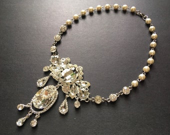 SALE - Silver necklace, rhinestone necklace, crystal necklace, pearls jewelry, wedding jewellery, bridal jewelry