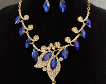 SALE - Sapphire Jewelry Set, Gold Necklace Earrings, Birthstone Jewellery, Birthday Gift for Mom, Anniversary Gift for Her, Blue Crystal