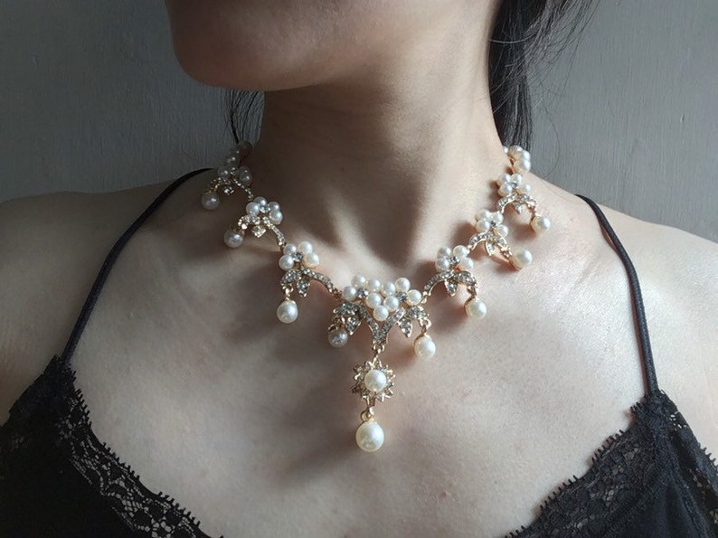 wedding necklace statement necklace rhinestones crystals necklace bridal necklace Romantic gold necklace pearls necklace wedding set
