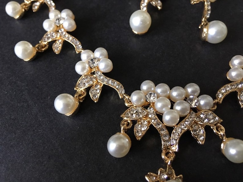 wedding necklace statement necklace rhinestones crystals necklace bridal necklace Romantic gold necklace pearls necklace wedding set