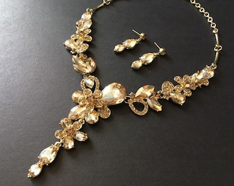 Gold champagne necklace, bridal necklace, rhinestone necklace, jewelry set, bridal jewelry, wedding necklace, champagne crystal necklace