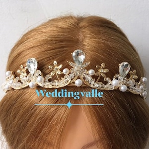 SALE - Gold crown, princess tiara, rhinestone crown, bridal crown, crystal crown, wedding headpiece, gold crown, pearls crown, flower crown