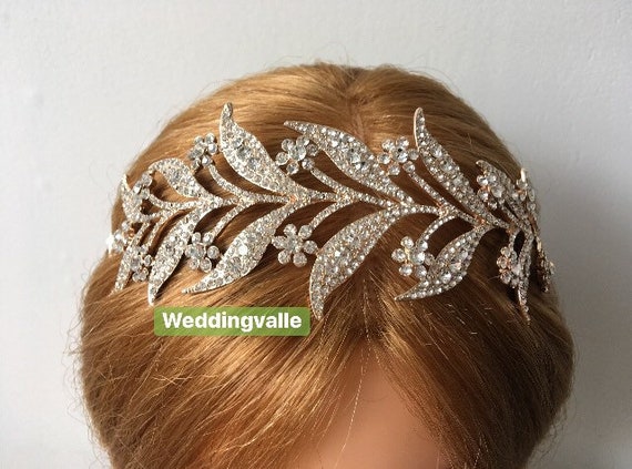 Vintage Rose Gold Leaf Crystal Headband Rose Gold, Silver or Gold Vintage Style Wedding Headband  main image 4