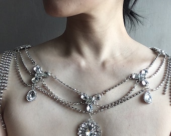 Chandelier jewelry, wedding necklace, rhinestone necklace, crystal necklace, bridal jewelry, shoulder necklace, statement necklace