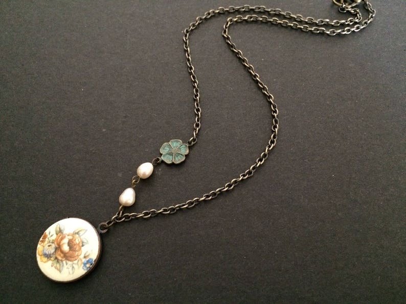 pearls necklace Floral round locket flower necklace charm necklace SALE nature garden necklace locket necklace flower necklace