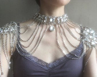 Vintage wedding, wedding shoulder necklace, layering necklace, crystal bridal necklace, shoulder necklace, wedding jewelry, bridal necklace