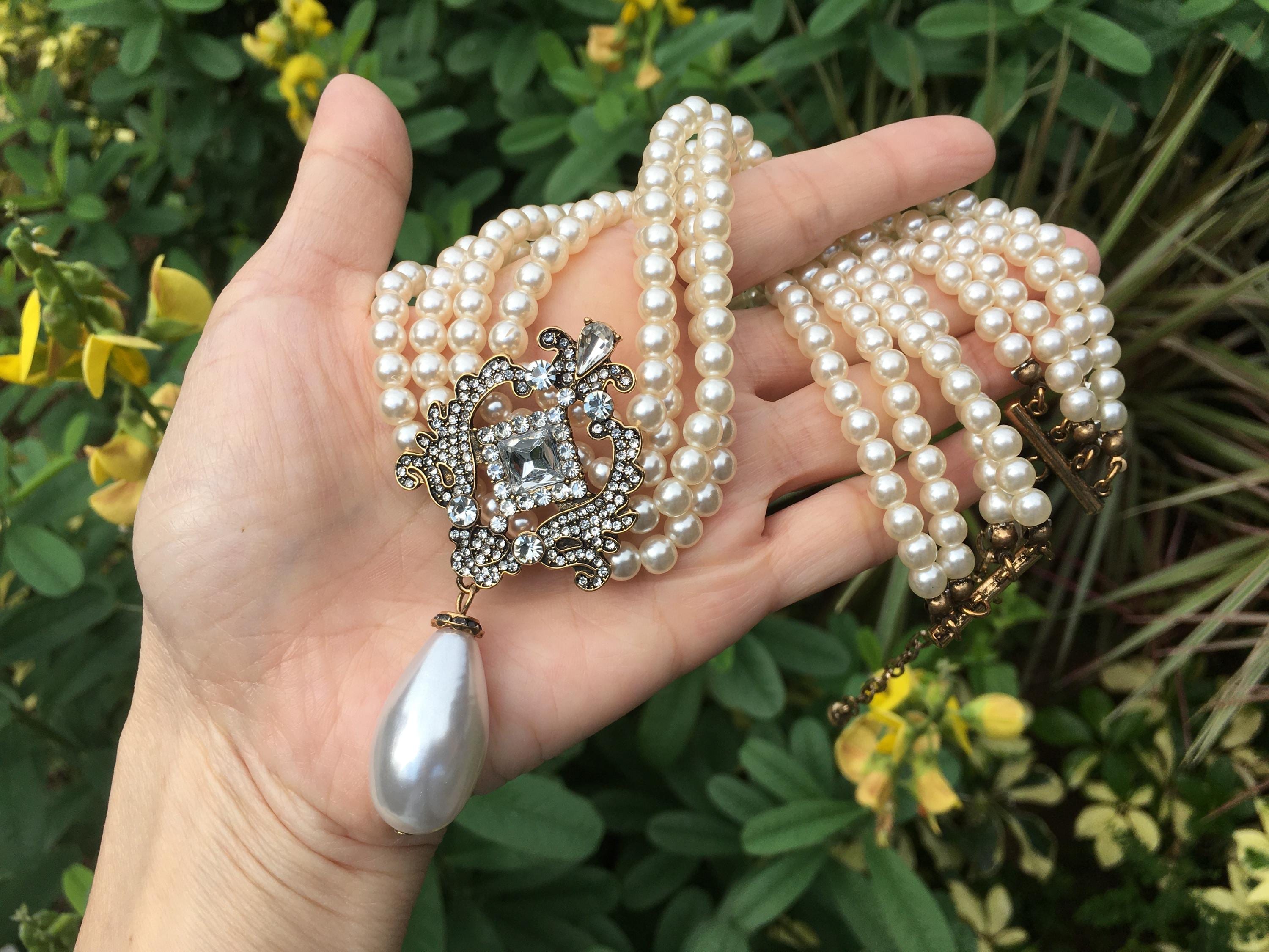 Victorian Pearl Statement Necklace, Rhinestone Crystal  display picture 1
