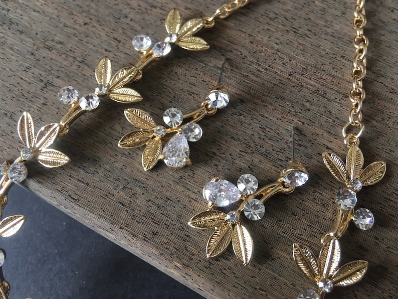 Gold necklace jewelry set sunflower wedding necklace bridal necklace bridal rhinestones crystals necklace statement wedding jewelry