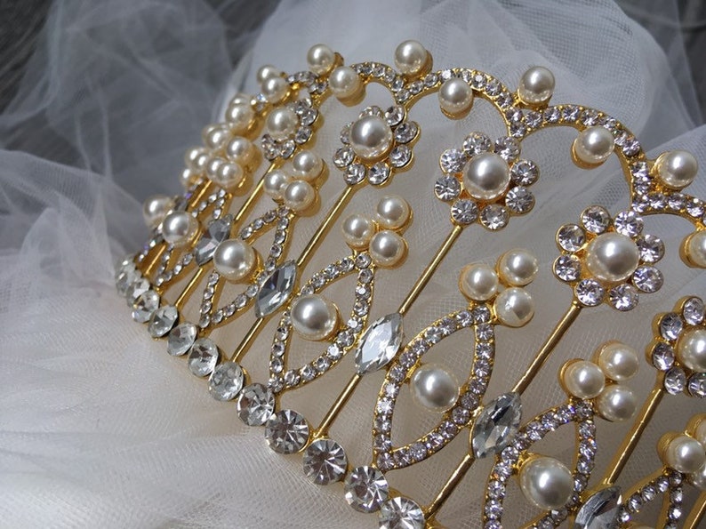 wedding headpiece Gold pearls headpiece prom wedding tiara wedding crown princess tiara gold crown bridal crown full bridal crown