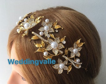 Romantic gold leaf tiara, pearls tiara, wedding bridal jewelry, wedding headband, rhinestone crystals tiara, flower tiara, wedding hair vine