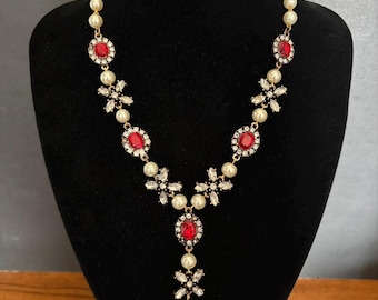 Pearl Chandelier Necklace, Burgundy Crystal Bridal Jewelry, Birthstone Necklace, Birthday Gift for Mom