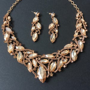 Gold champagne necklace, prom necklace, yellow gold necklace, jewelry set, bridal jewelry, wedding necklace, crystal bridal necklace