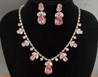 SALDI - Set di collana rosa, collana da sposa con cristalli, regalo di laurea, regalo di compleanno per lei, set di gioielli a goccia, matrimonio rosa, set da sposa
