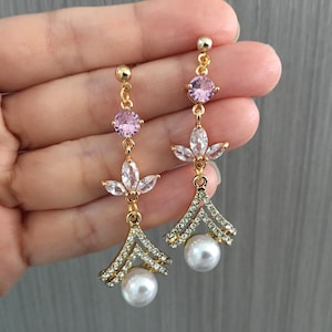 Crystal bridal earrings, long drop earrings, statement earrings, pink wedding, birthstone jewelry, gold pink earrings, pearl drop earrings