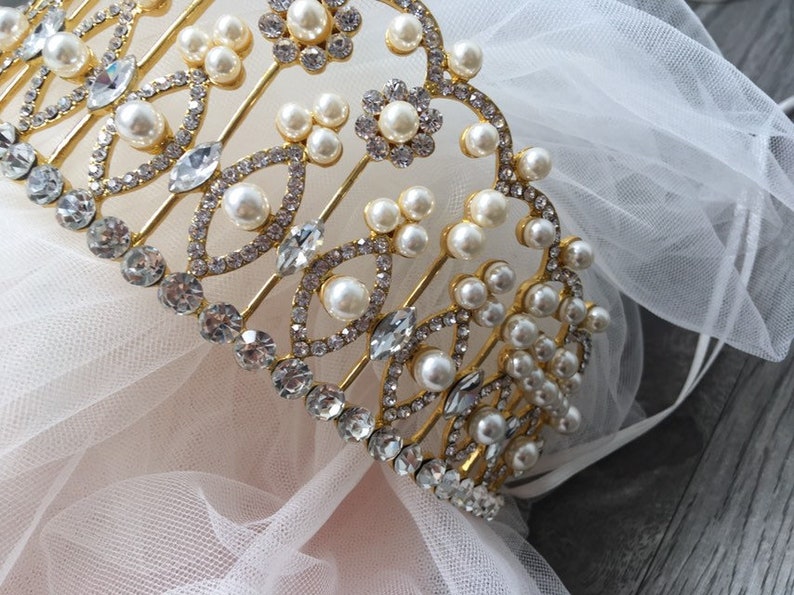 wedding headpiece Gold pearls headpiece prom wedding tiara wedding crown princess tiara gold crown bridal crown full bridal crown