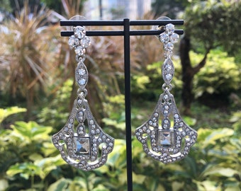Art Deco earrings, vintage wedding earrings, silver earrings, bridal crystal earrings, wedding jewelry, long drop earrings, prom earrings