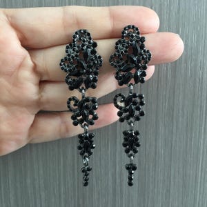 Black earrings, crystal bridal earrings, dangle earrings, pierced earrings, black drop earrings, long drop earrings, black wedding, costume