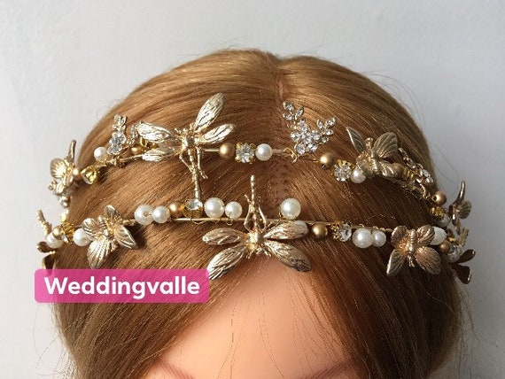 Gold Dragonfly Wedding Headband – Pearl & Rhinestone Bridal 