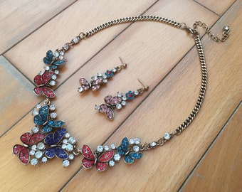 VENTA - Collar de mariposa, regalo de cumpleaños, joyería nupcial de cristal, conjunto de boda, collar de graduación, conjunto de joyería antigua