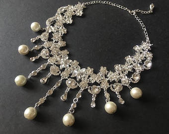 Athena Victorian wedding bridal choker necklace, crystal bridal necklace, dangle necklace, vintage wedding, pearl bridal jewelry, prom