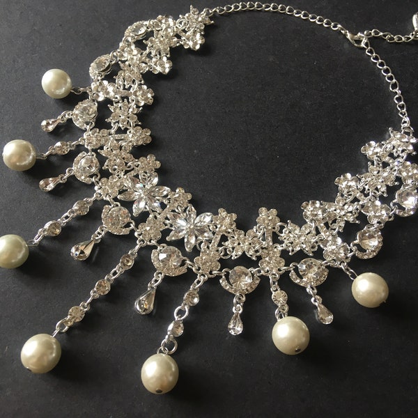 Athena Victorian wedding bridal choker necklace, crystal bridal necklace, dangle necklace, vintage wedding, pearl bridal jewelry, prom