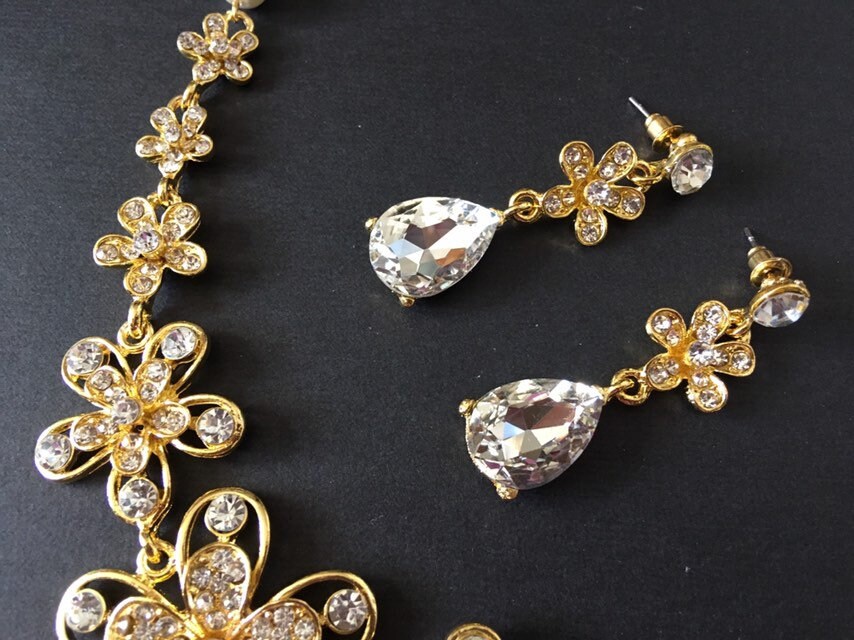 Gold Flower Wedding Necklace Rhinestone Crystal Necklace | Etsy