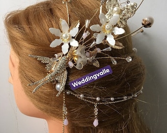 VENTA - Diadema de hoja de flor de rosa, clip de pelo de boda, accesorios nupciales, tocado de pedrería, pelo de novia, boda floral, diadema de cristal