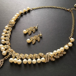 SALE - Romantic necklace, crystal gold necklace, wedding set, bridal necklace, pearl necklace, jewelry set, wedding necklace, prom necklace