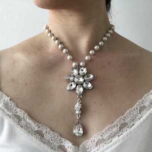 SALE - Pearl necklace, bridal jewellery, dangle bridal necklace, crystal necklace, wedding necklace, statement necklace, bridesmaid necklace